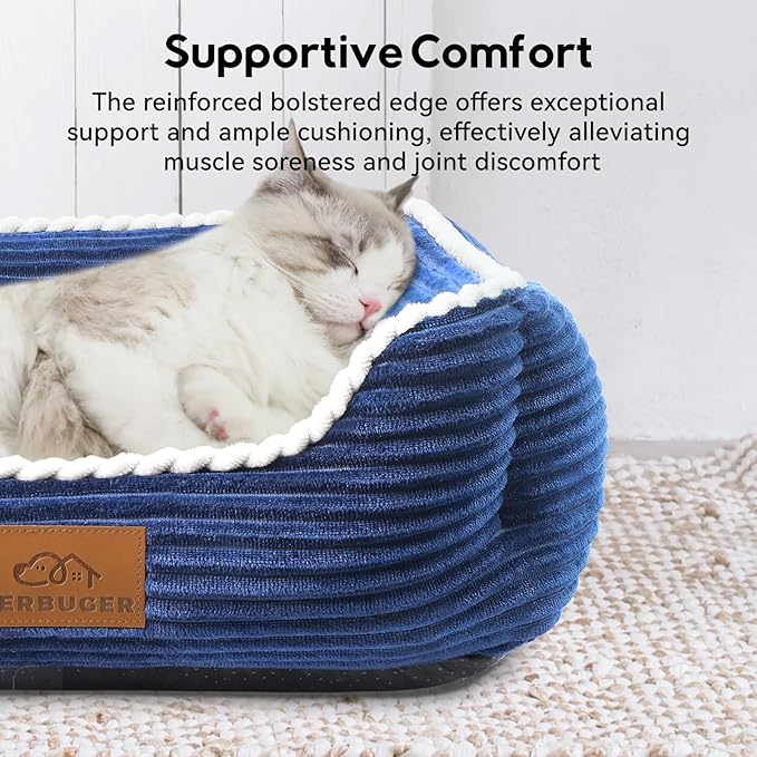 Cat Dog Bed for Pets, Rectangle Pet Bed Gift for Puppy and Kitten, Machine Washable Calming Fluffy Pet Couch Sofa for Indoor Outdoor, Portable Soft Cat Bed with Non-Slip Bottom (Small, Blue)