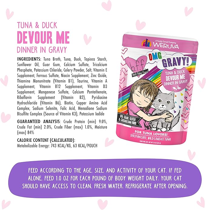 Weruva B.F.F. OMG - Best Feline Friend Oh My Gravy!, Tuna & Duck Devour Me with Tuna & Duck in Gravy Cat Food, 3oz Pouch (Pack of 12)