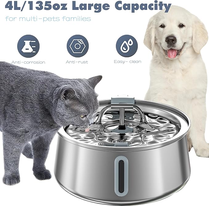 Stainless Steel Cat Water Fountain,Pet Water Fountain 4L/135oz Large Capacity,Dog Water Dispenser with Water Level Window, Multiple Filtration, Quiet Automatic Pet Fountain Easy Clean,2Faucet