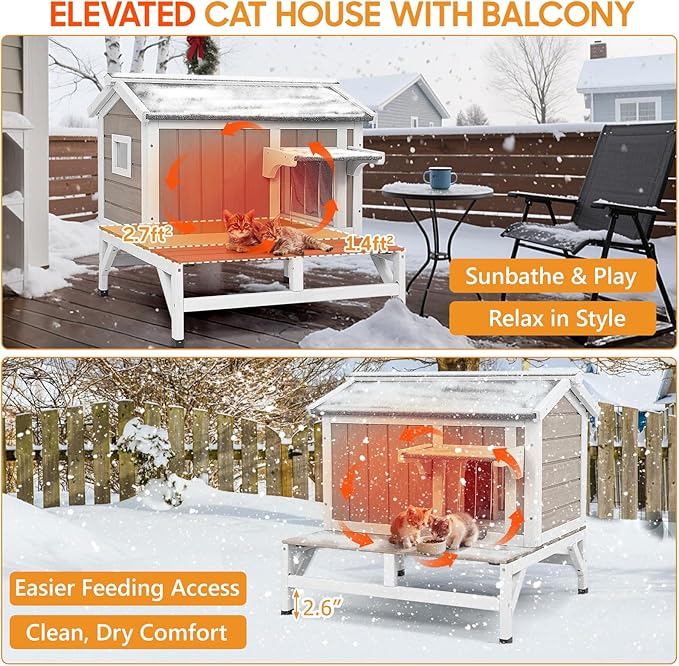 Insulated Cat House Outdoor with Balcony All-Round Insulation Weatherproof Outside Feral Cat Shelter for Winter, Wooden Pet House with Raised Base and Openable Roof for Cats & Small Animals
