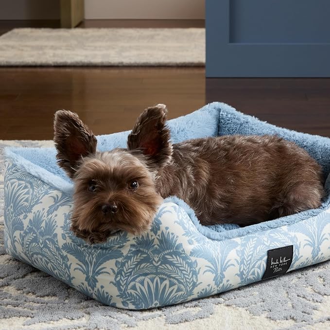 Nicole Miller New York PET Mod Damask Plushy Bolster Pet Bed, Cozy & Calming, Non-Slip Bottom, Machine Washable Cover, Blue, Medium 30"x23"x8"