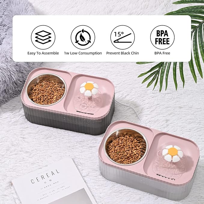 Cat Water Fountain and Food Bowl, 3L/101oz Ultra Quiet Pet Water Dispenser with Smart Pump and 3 Replacement Filters, Automatic Flower Fountain & Stainless Steel Bowl for Dog & Cat (Pink)