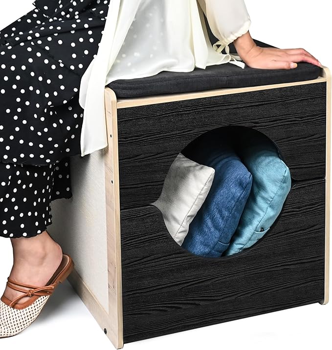 Modern Cat Bed Furniture with Scratching Post - Pull-Out Enclosure & Soft Cushion, Space-Saving Side Table for Indoor Cats, Black/Natural Wood (23.5" x 19.7" x 21.7")