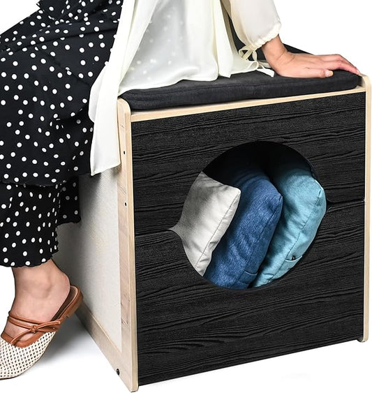 Modern Cat Bed Furniture with Scratching Post - Pull-Out Enclosure & Soft Cushion, Space-Saving Side Table for Indoor Cats, Black/Natural Wood (23.5" x 19.7" x 21.7")