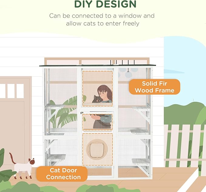 PawHut Outdoor Cat House Big Catio Wooden Feral Cat Shelter Enclosure with Large Spacious Interior, 6 High Ledges, Weather Protection Asphalt Roof, 71" L, White