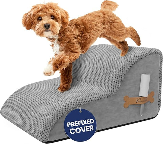 PAWZY Foam Pet Stairs for Bed, Couch or Window PREFIXED Cover - Wide Dog Steps for Bed, Waterproof, Non-Slip Base - 2 Tier Ramp, 12'' Height, Stairs for Small Dogs, Puppies, Cats -(Gray, 2 Step, 1)