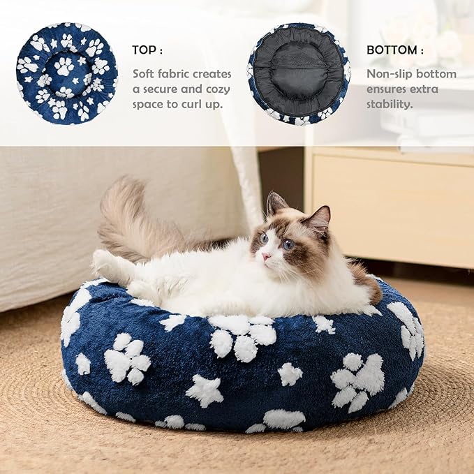 Donut Dog Beds for Small Dogs, Calming Round Cat Beds for Indoor Cats, Cute 3D Textured Paw Pet Bed with Removable Washable Cover and Anti-Slip Bottom（Navy Blue，20"）