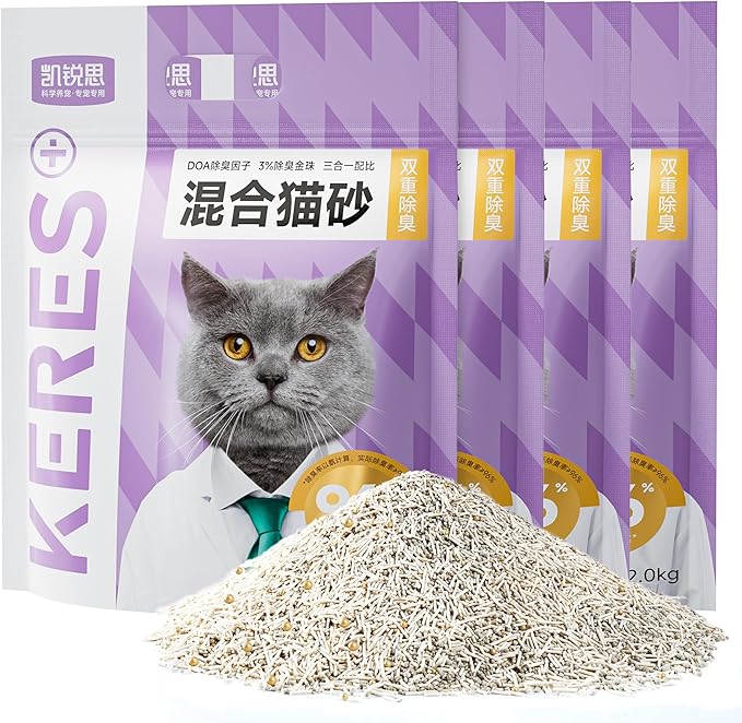 KERES Cat Litter Mixed- Ultra Absorbent, 99% Dust-Free, Advanced Odor Control, Fast-Clumping, Natural Clay & Tofu Blend, Low Tracking, Multi-Cat Formula (4.4lb*4bag)