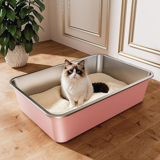 Stainless Steel Litter Box, Large Metal Cat Litter Box with High Sided for Big and Small Cats, Non-Stick, Easy to Clean, Odor-Free, 23.4" L×15.6" W×5.9" H, Blush Pink