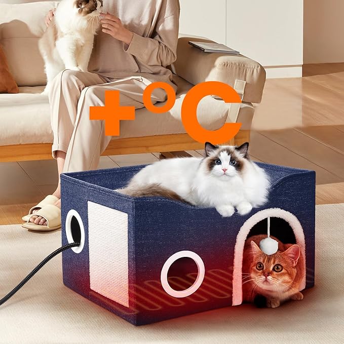 Indoor Heated Cat House, Adjustable Temperature Cat Heating Bed with Timer and Chew Resistant Cord, Large Cat House with Heating Pad for Small Medium and Large Cats