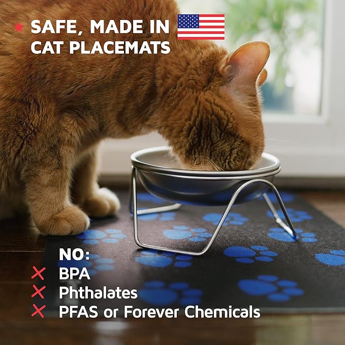 Americat Cat Feeding Mat Machine Washable, Waterproof, No-Slip Cat Placemat Protect Floors from Messy Eaters & Drinkers 16 x 12 Inches (Paw Prints)