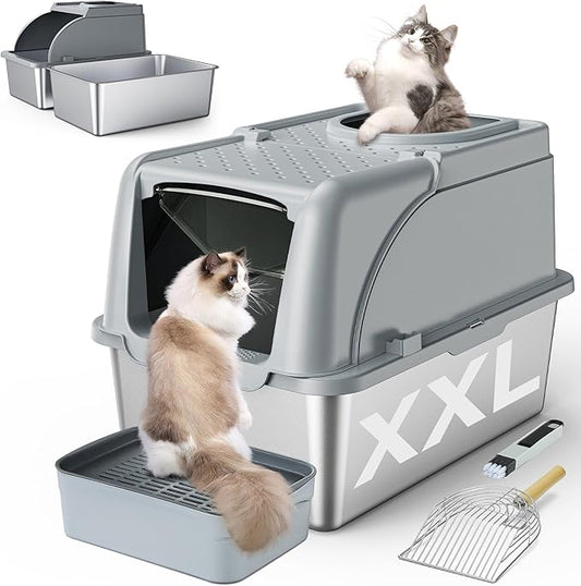 Stainless Steel Litter Box, XXL Large Metal Covered Litter Boxes, Dual Entrance Detachable Cat Litter Box with Lid, 16.6'' High Wall Urine Leak Prevention with Cat Litter Scoop (Gray)