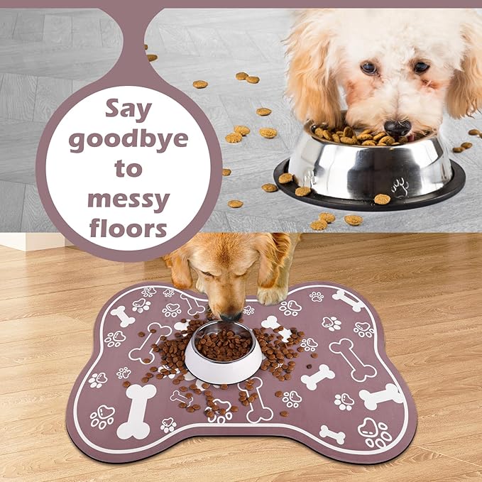 Dog Cat Mat for Food and Water,Rapid Absorbent Pet Feeding Mat, Bone Shaped Dog Placemat Bowl Mat with Rubber Backing,No Stains Pet Food Mats Indoor, Pet Accessories Supplies,Brown 12"×18"