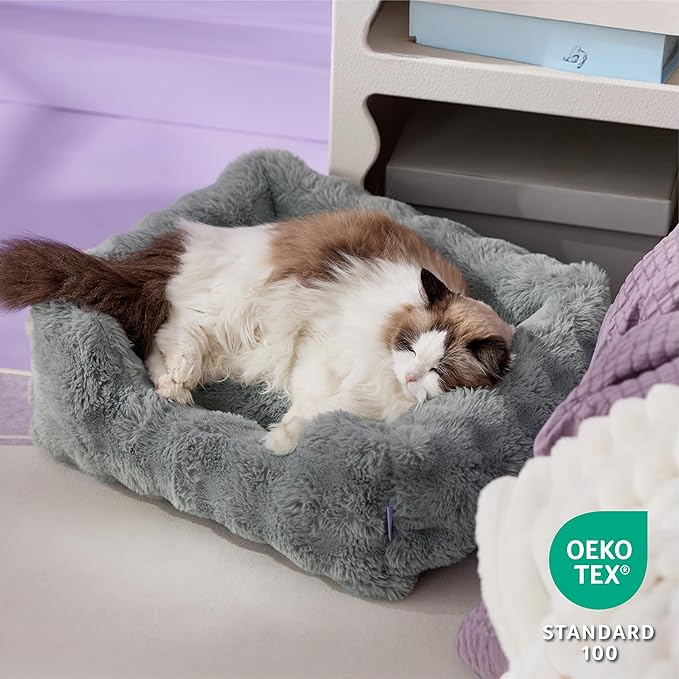 Lesure Fluffy Dog Beds for Puppy&Kitten- Orthopedic Rectangle Calming Pet Sofa,Fluffy Plush Bubble Bolster Cat Bed with Removable Washable Cover and Nonskid Bottom,20x19x6inches,Grey