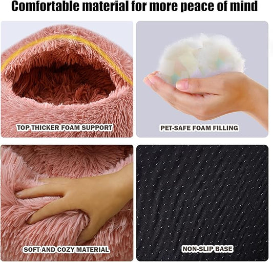 Cat Beds for Indoor Cats,Cat Cave for Puppy and Kitty,Calming Small Dog Bed for Small Dogs with Cover Cave,Cozy Warming Fluffy Washable Anti-Slip Pet Sleeping Bag(24 * 24inch,Leather Pink)