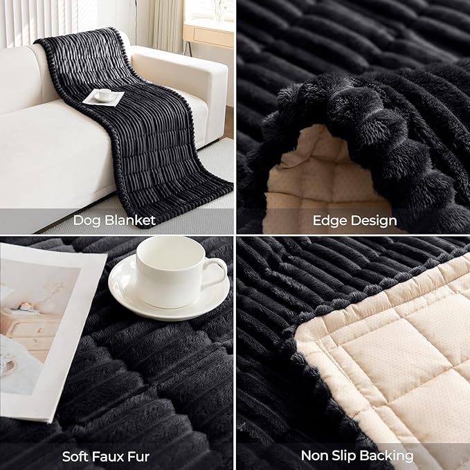 Faux Fur Plush Dog Couch Cover 3D Stripe Fuzzy Sofa Cover Non-Slip Fluffy Dog Bed Cover Pet Blanket Sofa Couch Furniture Protector for Puppy Large Dog Cat (Black,35"x63")