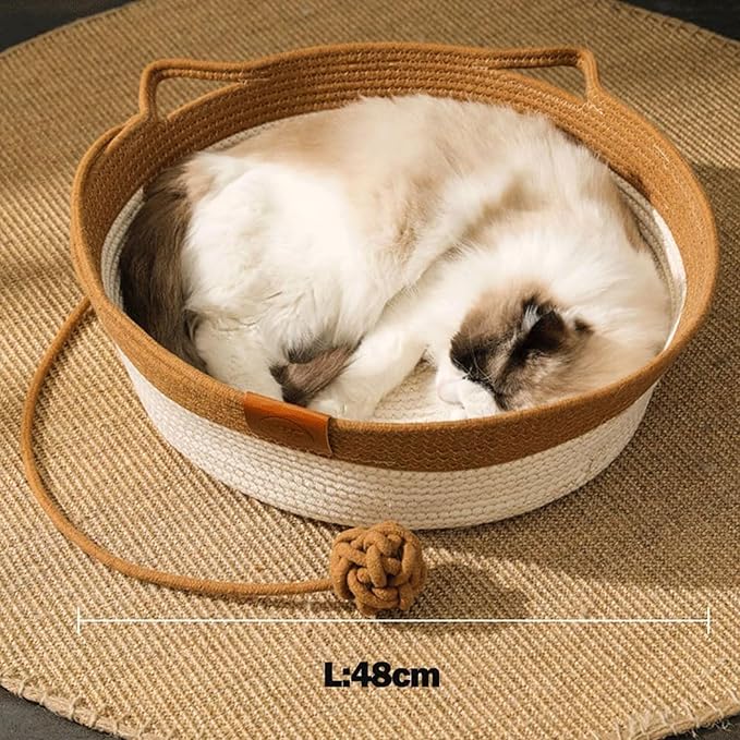 Cutypet Cat Basket, Cuty Pet Basket, Handwoven Cotton Rope Cat Bed, cat Scratch Bed with Built-in Teasing Ball, Breathable & Easy to Clean and Detachable Pad (Brown with Cushion, Small)