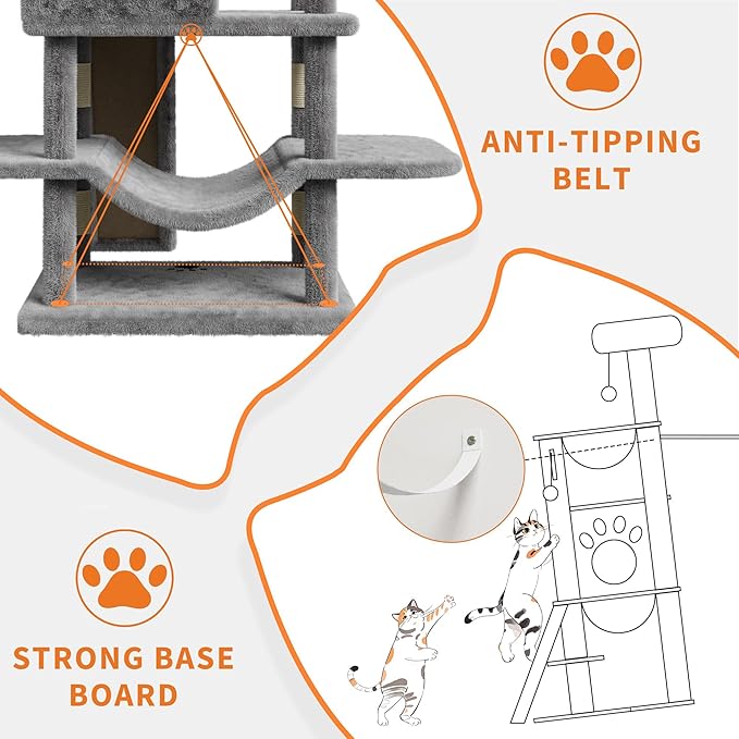 68.5 Inch Multi-Level Cat Tree, Plush Cat Tower with Condo/Sisal Scratching Posts/Hammocks/Basket/Dangling Ball/Platform, Heavy Duty Cats Tree to Play and Sleep, 2605#Light Grey