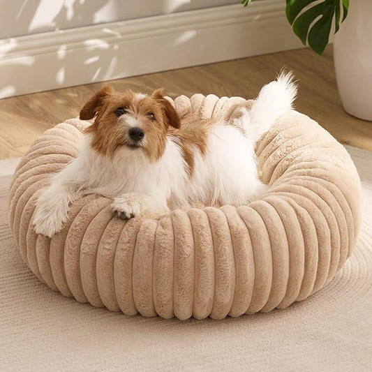 Bedsure Donut Small Dog Bed - Dog Beds for Small Dogs with Corduroy Fleece & Anti Slip Bottom, Round Faux Fur Pet Beds with Washable Removable Cover, Sandy Tan, 27x27x8 inches