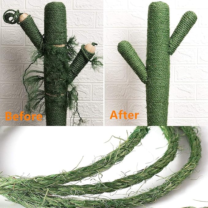Green Cat Sisal Rope 6mm,JSPYFITS 1/4 inch Premium Durable Unoiled Sisal Twine for Repairing, Recovering or DIY Scratcher, Twisted Fiber Hemp Rope for Cat Tree and Tower (10M/33FT)