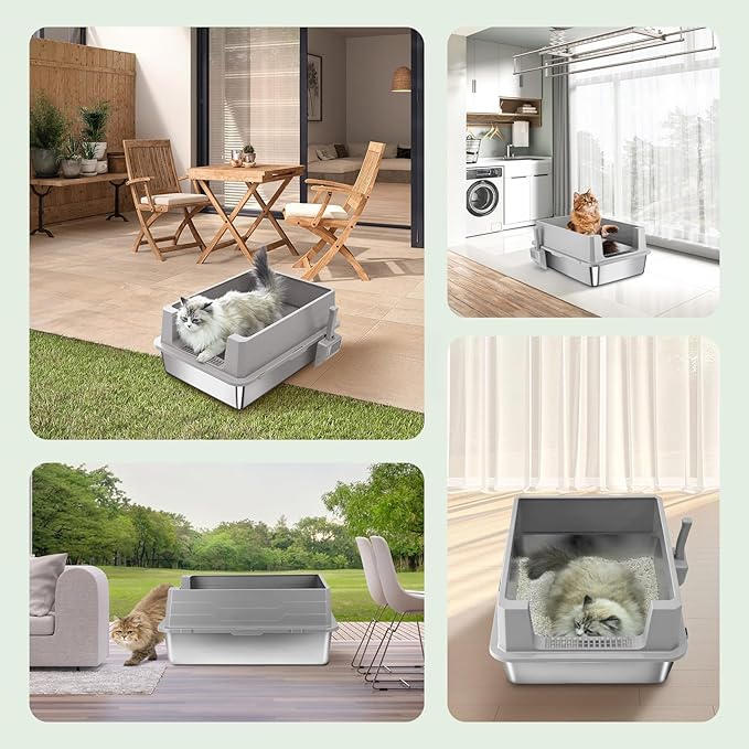 XXXL Stainless Steel Cat Litter Box with High Sides, 28"x20"x12" Extra Large Litter Box for Multiple-Big Cats, Metal Cat Litter Pan, Anti-Urine Leakage, Easy Clean (Grey)