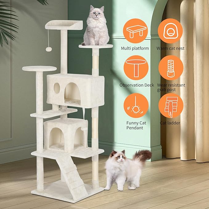 BestPet 62in Cat Tree Tower for Indoor Cats,Multi-Level Cat Furniture Activity Center with Cat Scratching Posts Stand House Cat Condo with Funny Toys for Kittens Pet Play House,Beige