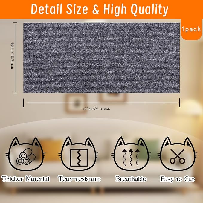 Cat Scratching Mat, Self-Adhesive Cat Scratching Carpet, Trimmable at Scratch Furniture Protector for Cat Tree Shelves, Cat Scratching Post Couch Protector (1PC, 100 * 40CM, Grey) (1PC, Grey)