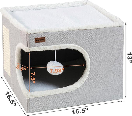 Cat Bed for Indoor Cats Cube House, Covered Cat Cave Beds & Furniture with Scratch Pad and Hideaway Tent, Cute Modern Cat Condo for Multi Small Pet Large Kitten Kitty, Green