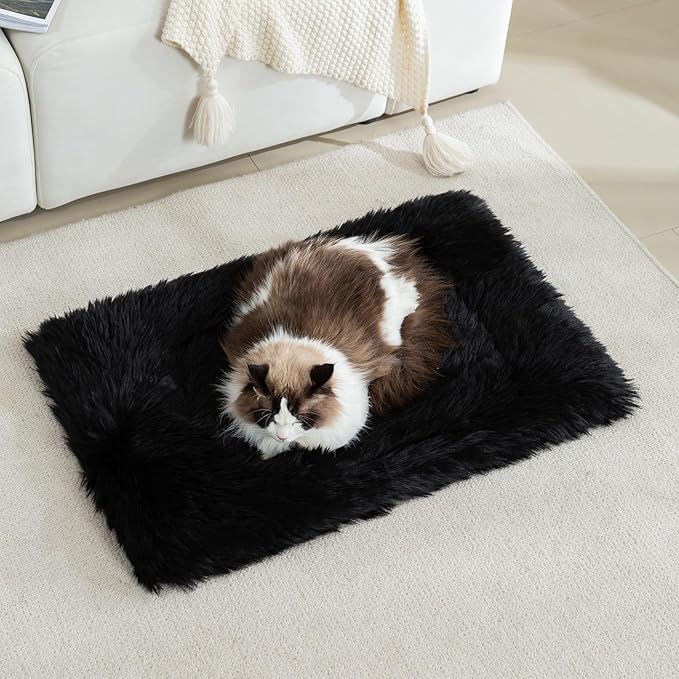 Fluffy Dog Cat Bed Mat 19.6x31.4 inch, Washable Soft Plush Faux Fur Warm Area Puppy Pads Blanket for Indoor Pet Sleep Cushion Black