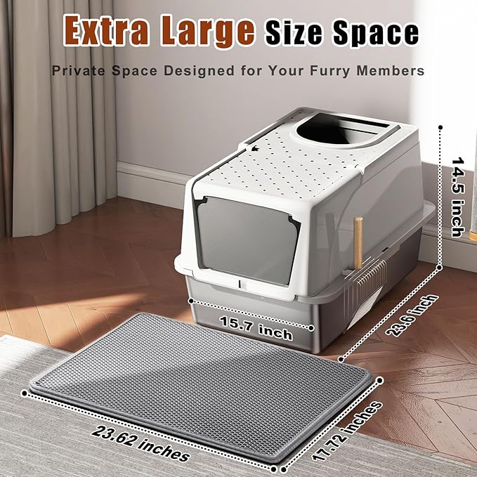Stainless Steel Cat Litter Box with Lid, 180° Flip Top XL Enclosed Litter Box with Trapping Mat & Metal Scoop, Front Top Dual Entry Steel Extra Large Cat Litter Pan