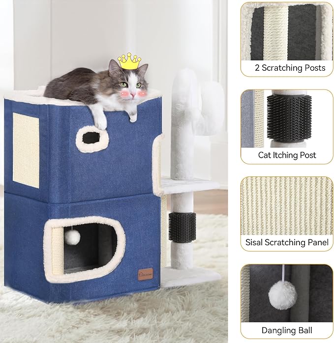 YITAHOME 2 Storey Cat House, Cat Beds for Indoor Cats, Small Cat Condo with Highway Cave, Scratch & Itching Post, Clmibing Stand, Modern Cat Cube Playhouse for Multi Kittens, Blue