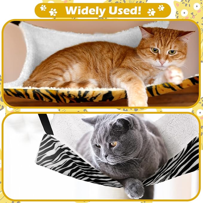 2 Pieces Reversible Cat Hanging Hammock Soft Breathable Pet Cage Hammock with Adjustable Straps and Metal Hooks Double Sided Hanging Bed for Small Dogs Rabbits(Zebra, Tiger Stripes,M)