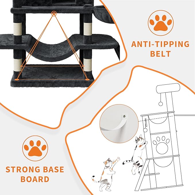 68.5 Inch Multi-Level Cat Tree, Plush Cat Tower with Condo/Sisal Scratching Posts/Hammocks/Basket/Dangling Ball/Platform, Heavy Duty Cats Tree to Play and Sleep, 2604#Dark Grey