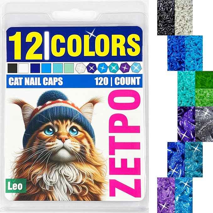 zetpo Cat Nail Caps | Cat Claw Covers | with Adhesives and Applicators (L, 12x Colors/Leo | 120 pcs)