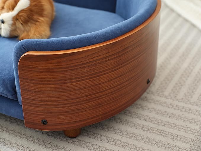 HomSof 30.7" Scandinavian Style Elevated Dog Bed Pet Sofa with Solid Wood Legs and Bent Wood Back,Velvet Cushion,Mid Size,Navy+Brown