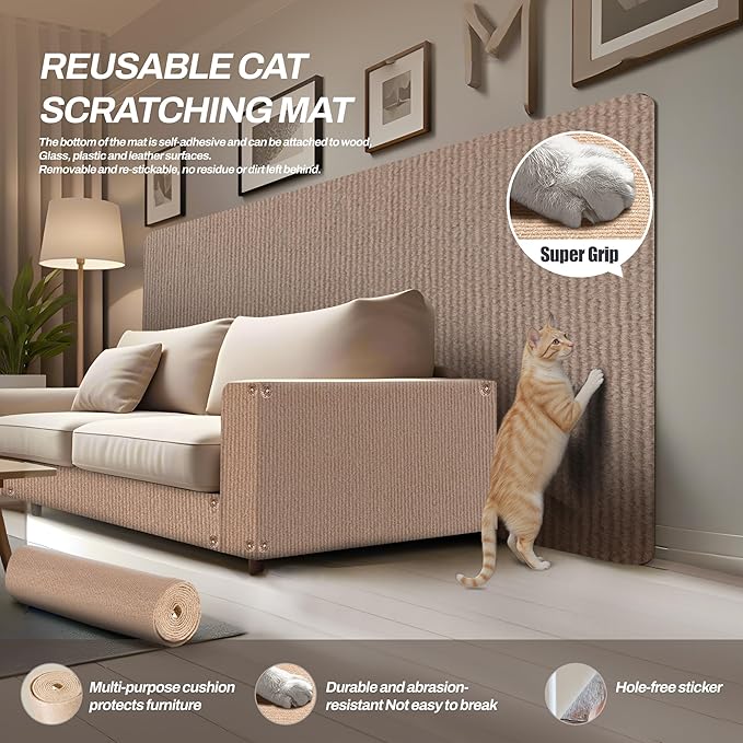 78.7"x15.8" Cat Scratch Mat Couch Furniture Protector,DIY Climb Cat Scratcher for Cat Couch Furniture or Wall Protector,Covering Cat Tower for Claws Scratching for Indoor (Beige)