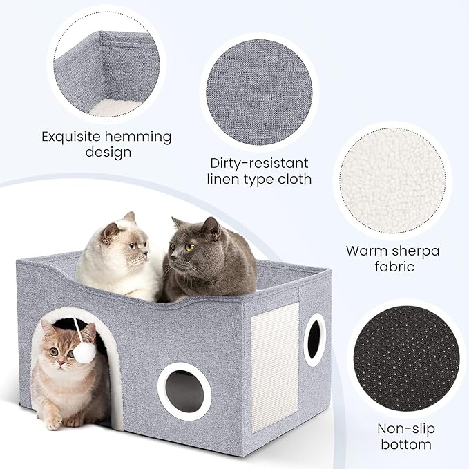 Heeyoo Cat House for Indoor Cats - Large Cat Bed Cave with Fluffy Ball and Scratch Pad, Foldable Cat Houses & Condos, Cat Hideaway, Covered Cat Bed for Multi Small Large Kitty, 23.8x15.9x13.2 Inches