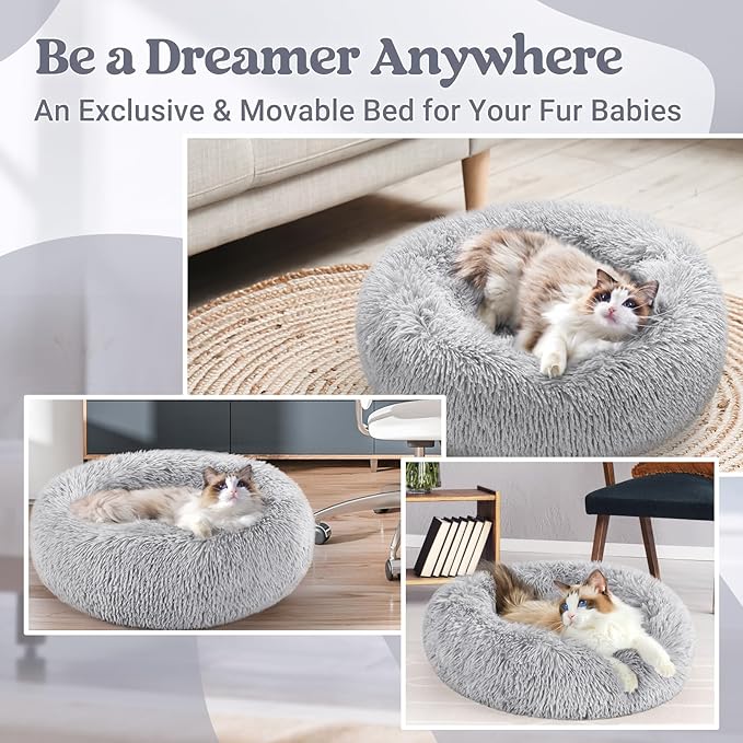 rabbitgoo Cat Beds for Indoor Cats, 20 inches Cat Bed Machine Washable, Fluffy Round Pet Bed Non-Slip, Calming Soft Plush Donut Cuddler Cushion Self Warming for Small Dogs Kittens, Light Grey, Medium