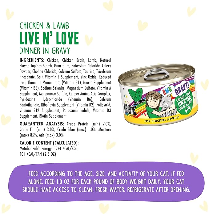 Weruva B.F.F. OMG - Best Feline Friend Oh My Gravy!, Chicken & Lamb Live N' Love with Chicken & Lamb in Gravy, 2.8oz Can (Pack of 12)