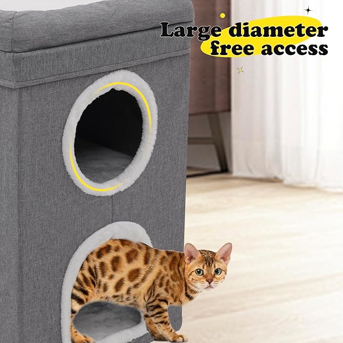 3-Level Cat House for Indoor, Covered Cat Condo with Scratch Pad and Hideaway Cave, Cat Bed &Furniture for Multi Pets and Large Cats, 15.3 * 15.3 * 26 inches,Grey