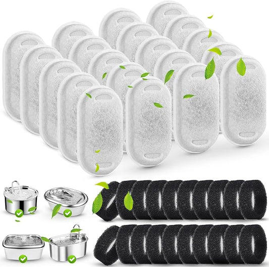 SORON Cat Water Fountain Filters for 67oz/2L and 108/3.2L Stainless Steel Pet Fountain Replacement Filters, 20 Dog Water Bowl Dispenser Filter Replacement with 20 Sponges, Easy to Install and Clean
