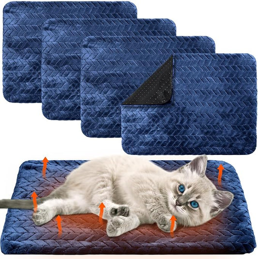4 Pack Self Heating Cat Pad 16 x 20 Inch Self Warming Cat Bed Non Slip Warm Dog Pad Mat Washable Pet Kennel Crate Bed Mat for Indoor Outdoor Pets(Navy Blue,16 x 20 Inch)