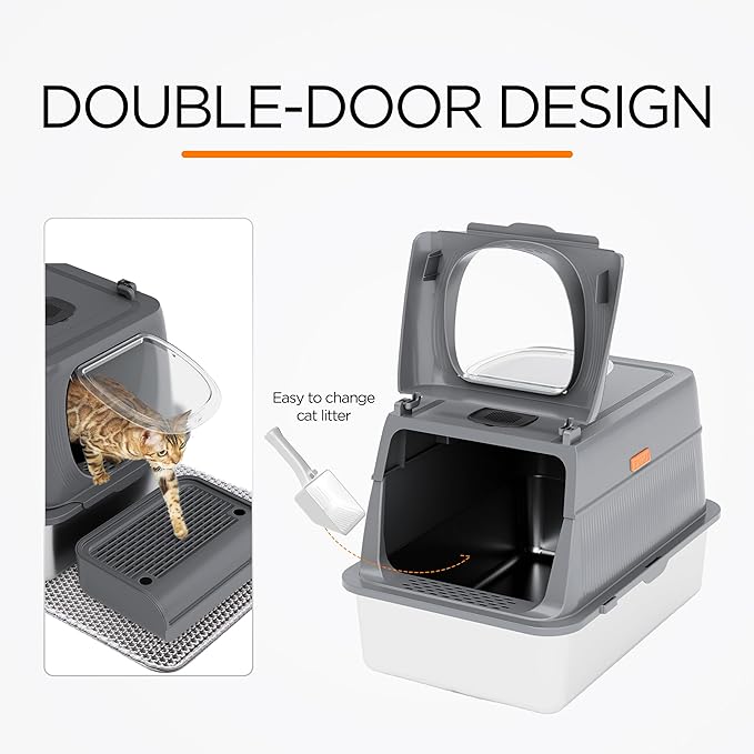 Citylife Stainless Steel Cat Litter Box with Lid,XL Extra Large Enclosed Removable Metal Litter Box with Litter Scoop&Double Layer Litter Mat,Non-Sticky，Non-Odor,Easy Cleaning, for Big Cats Dark Grey