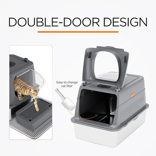 Citylife Stainless Steel Cat Litter Box with Lid,XL Extra Large Enclosed Removable Metal Litter Box with Litter Scoop&Double Layer Litter Mat,Non-Sticky，Non-Odor,Easy Cleaning, for Big Cats Dark Grey