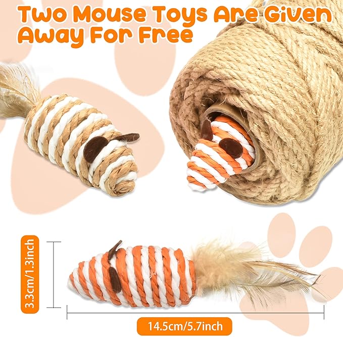 262FT/80M Cat Scratching Sisal Rope, 6mm 1/4inch Thick Natural Jute Rope for Scratch Posts, Cat Trees, DIY Projects, Sisal Rope for Scratcher with 2 Mouse Toys (Natural, 262ft)