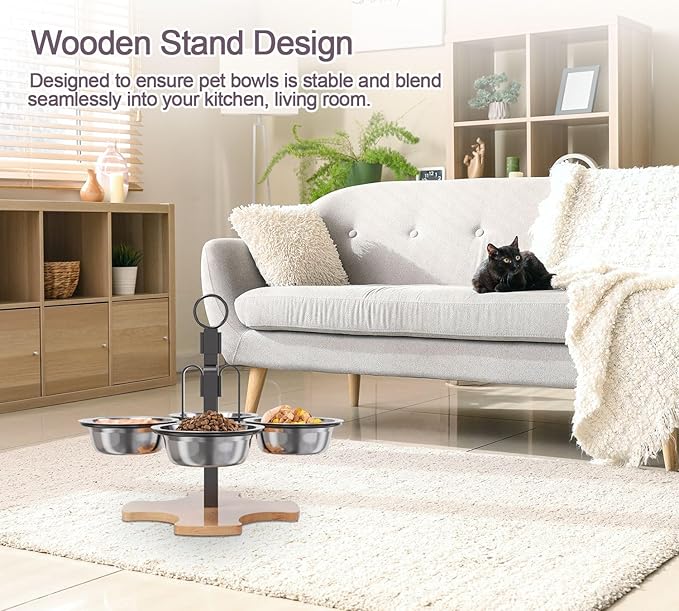Adjustable Elevated Cat Bowls with Stand, 3 Height Raised Food & Water Bowl Set for Indoor Cats, 4 Stainless Steel Tilted Pet Dishes for Small Dogs, Non-Slip Feeding Station with Anti-Spill Design