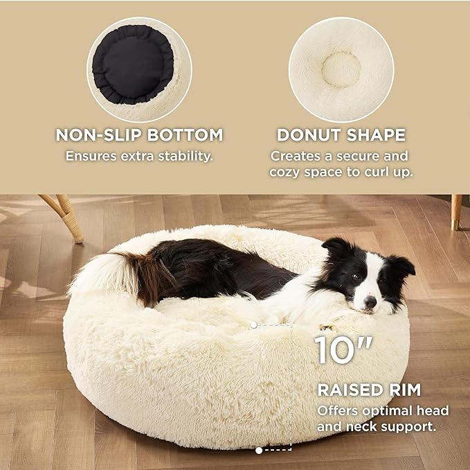Bedsure Calming Dog Bed for Large Dogs - Donut Washable Large Pet Bed, Anti-Slip Round Fluffy Plush Faux Fur Dog Bed, Fits up to 80 lbs Pets, Cream, 36 inches