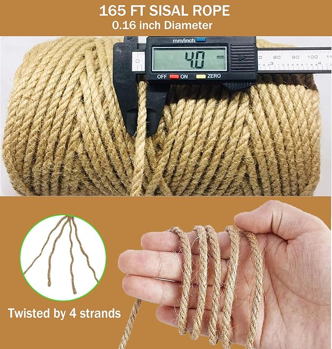 Sisal Rope for Cat Scratcher,Rope for Cat Scratch Post 4mm 164F Jute Twine for Scratching Post Repairing, Recovering or DIY