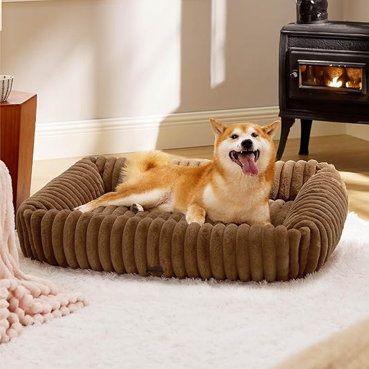 Bedsure Cute Dog Bed for Large Dogs - Washable Furry Puppy Beds, Rectangle Orthopedic Corduroy Fleece Pet Beds with Removable Zipper Cover, 36x27x8inches, Copper Brown