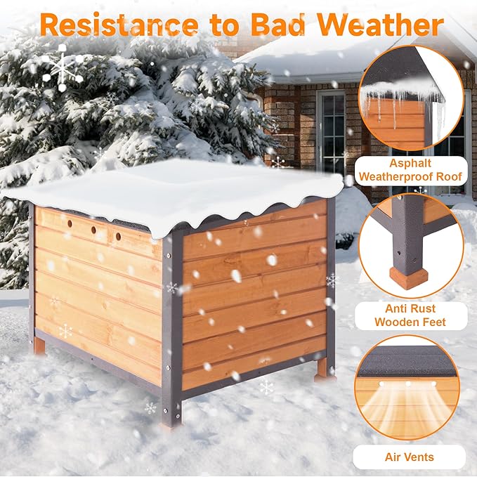 Outdoor Cat House, Feral Cat Houses Waterproof of All-Around Iron Frame, Solid Wooden Cat Shelter with Adjustable Door for Cats, Dogs and Other Small Animals